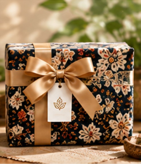Kotak hadiah berbungkus batik dengan pita emas