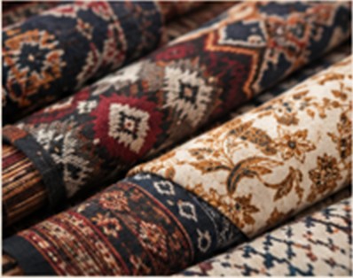 Gulungan kain tenun dan batik bermotif