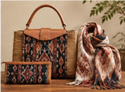 Tas, dompet, dan syal bermotif tenun